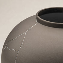 Dark Gray Ceramic Vase With Silver Crack Detailing, Ideal for Dining Table Or Shelf Decor.