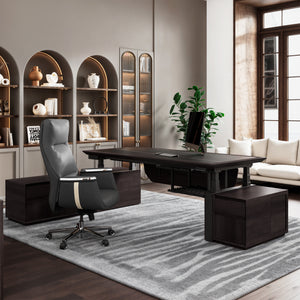 Zen Classic Executive Standing Desk in a Modern Office Setting, Featuring the Desk, Chair, Cabinets, and a Grey Rug.