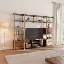 Sonoma Modern Tv Stand Entertainment Center With Shelves, Storage Cabinet, and Gold Accents.