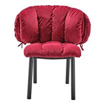 Rlesana Red Velvet Dining Chair With Tufted Petal Back and Black Metal Legs.