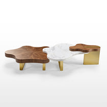 Cloud Coffee Table Set With Walnut, White Marble, and Gold Legs. Modern Design for Living Room.