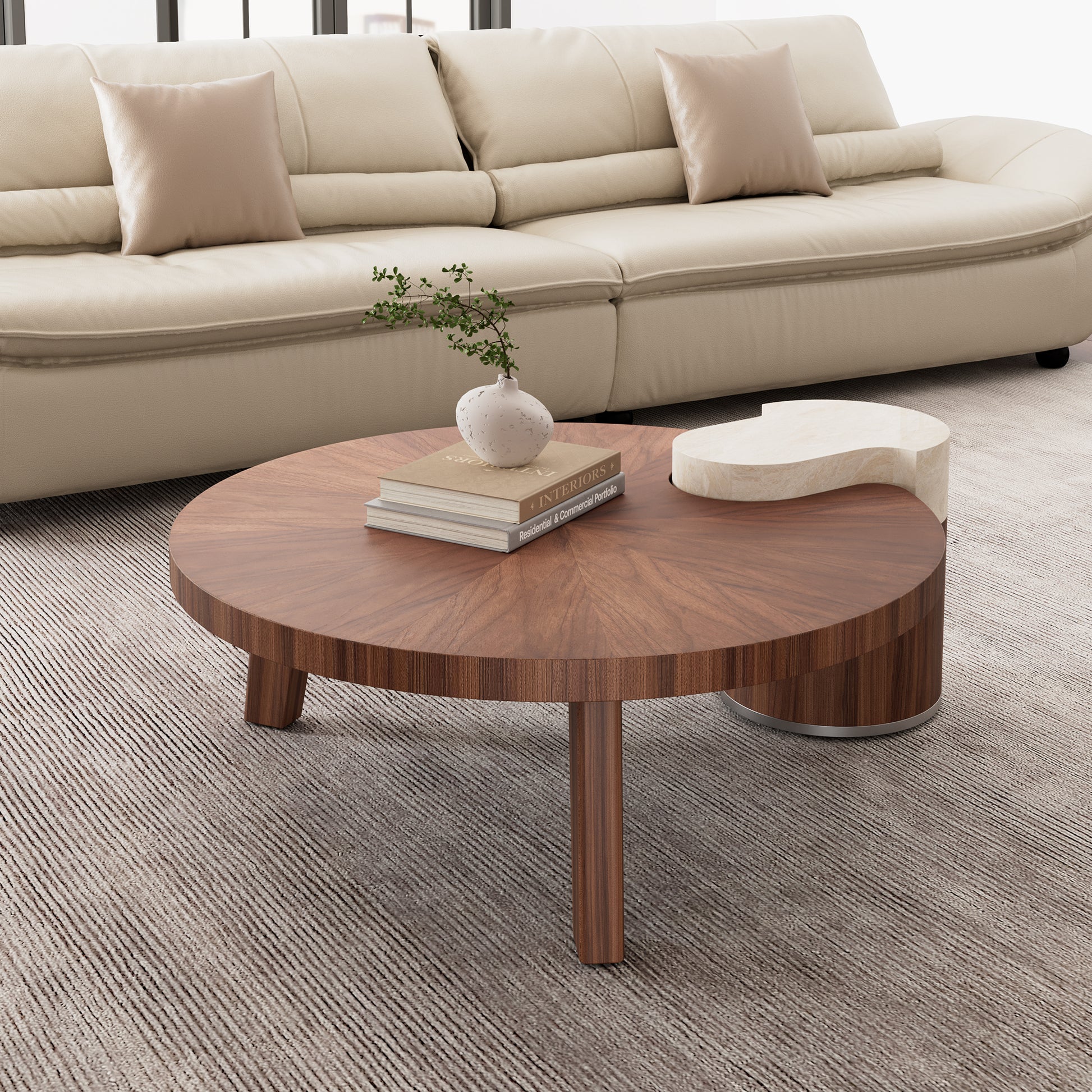 Eureka Ergonomic Living Room with 41" lrregular Round Solid Wood Walnut Coffee Table