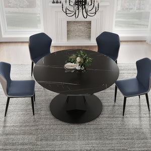 53'' Round Extending Dining Table with Stone Slab for Dining Room, black, displayed with blue and tan leather chairs