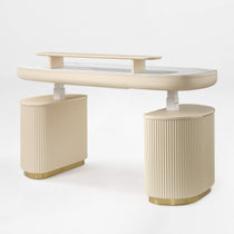 Oval Executive Standing Desk With Light Beige Finish, Marble Top, Storage, Ergonomic Office Furniture.