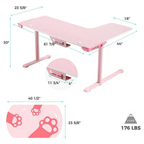 Pink L-Shaped Gaming Desk With Dimensions, 176 Lbs Load Capacity, and Paw Print Mousepad.