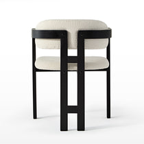 Eureka Ergonomic Back view of Elle dining chair in ivory boucle with black wood frame, mid-century style.