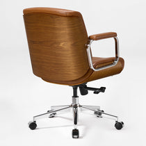 Eureka Ergonomic Mason Brown Low-Back Office Chair, Rear Three-Quarter View Highlighting the Curved Walnut-Finish Wood Shell