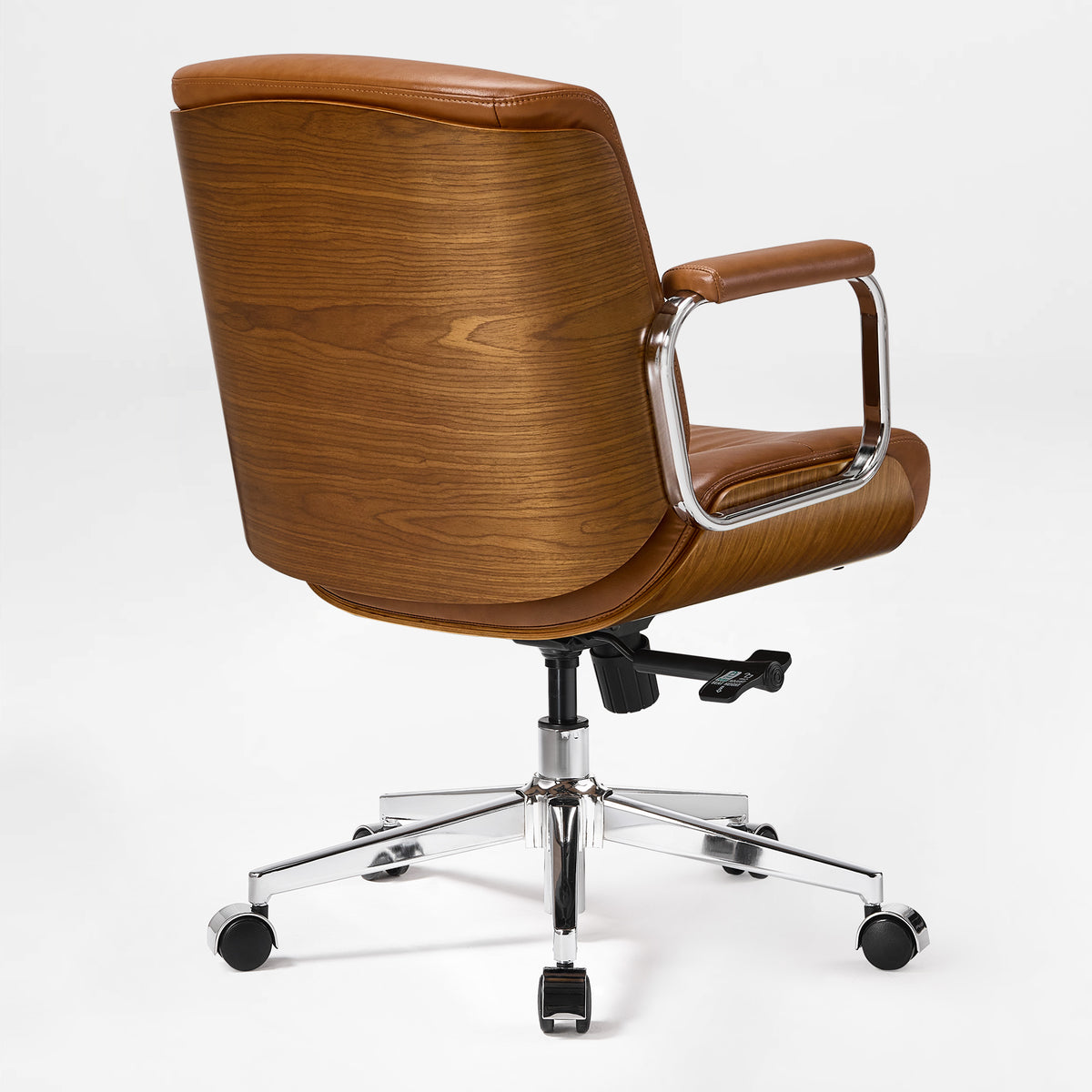 Eureka Ergonomic Mason Brown Low-Back Office Chair, Rear Three-Quarter View Highlighting the Curved Walnut-Finish Wood Shell