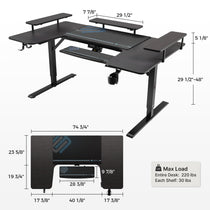 Eureka Ergonomic 74 U-Shaped Standing Desk in Black, With Dimensions and Max Load Capacity Clearly Displayed.