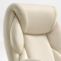 Galene Office Chair Close-Up: Cream Faux Leather, Breathable Mesh Headrest, Ergonomic Design for Workspace Comfort.