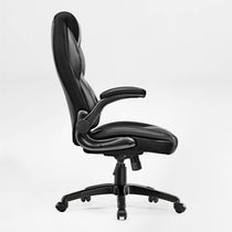 Eureka Ergonomic Galene black faux leather office chair, side profile view with mesh accents and five-wheel base on white background.