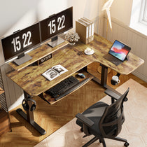 L-Shaped Standing Desk With Maple Top, Dual Monitors Showing Time 15: 22, Ergonomic Workspace.