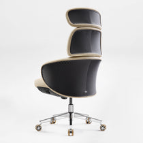 Eureka Ergonomic Royal Rowan beige microfiber leather executive chair, perforated detail, ribbed black backrest, chrome base.