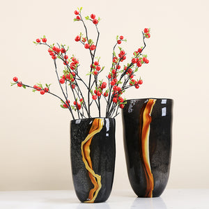 HD03 Glass Vase DéCor, Black Glass Vases With Golden Streaks and Red Berries, Interior Decor.
