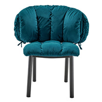 Rlesana Teal Velvet Dining Chair With Quilted Petal Back and Black Metal Legs. Luxurious Dining Furniture.