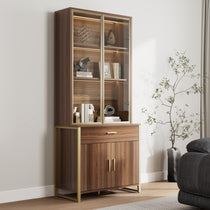 Eureka Ergonomic Walnut Bookshelf With Glass Doors and Storage Cabinets, Displaying Books and Decor.