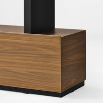 Eureka Ergonomic Ark 78 inch walnut bookshelf with close-up of the wood cabinet base and black support