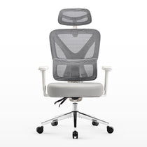 Eureka Ergonomic Exis ergonomic office chair, light gray fabric seat, white frame, striped mesh back and headrest, on a five-wheel base.