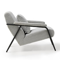 Minimalist Gray Lounge Chair With Black Metal Frame, Perfect for Modern Living Rooms.