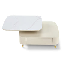 Modern Rotating Coffee Table With Creamy White Finish, Marble Top and Drawer, for Living Room.