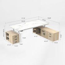 Eureka Ergonomic Zen Pro Executive Standing Desk With Dimensions, White Marble Top and Wood Cabinets.