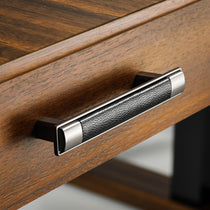 Walnut Desk Detail: Ark Pro Drawer Handle With Black Leather Grip and Silver Accents, L-Shaped Desk Design.