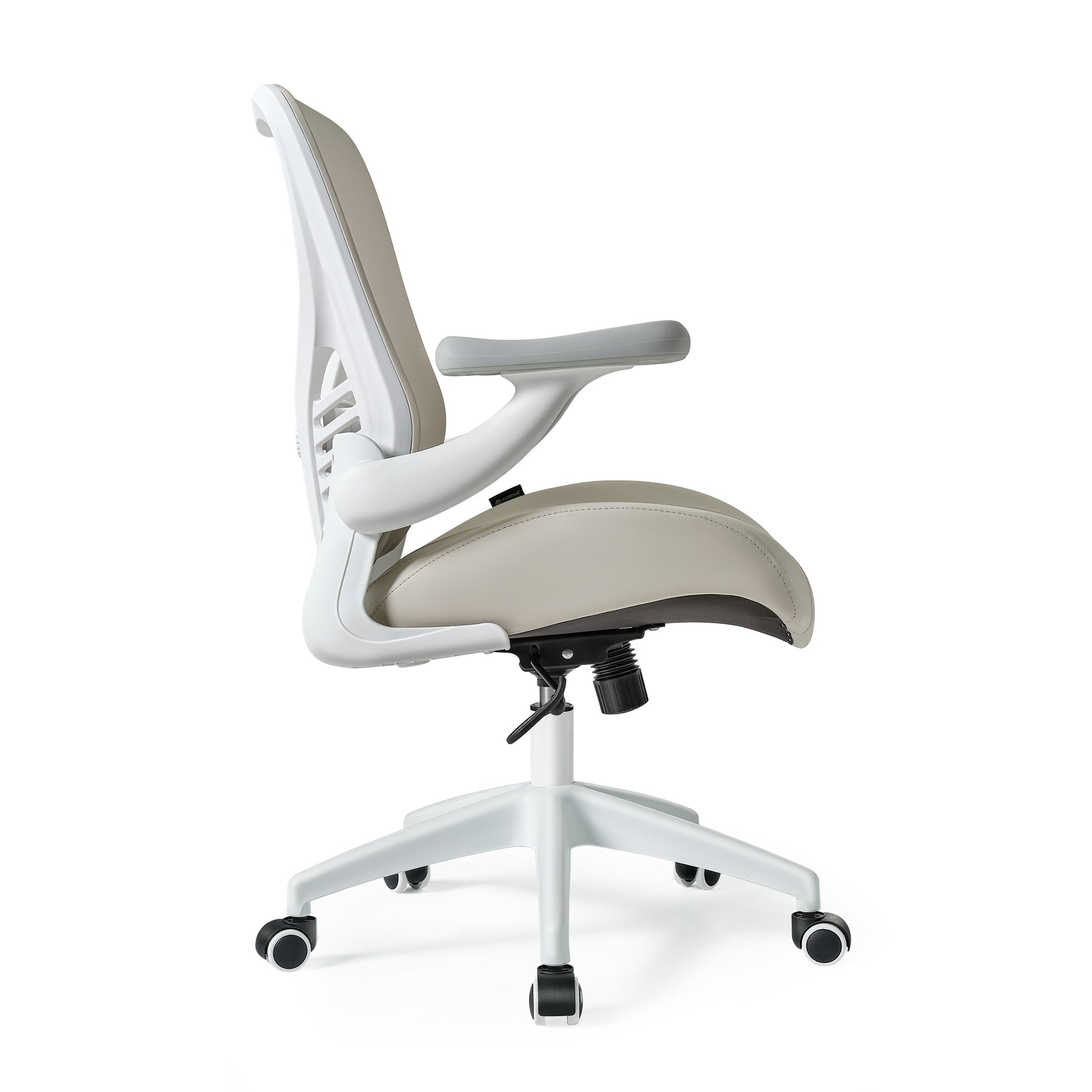 Side view of white background PU leather ergonomic office chair with lumbar support, Beige