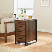 Walnut Four-Drawer File Cabinet With Black Metal Frame, Perfect for Office Storage.
