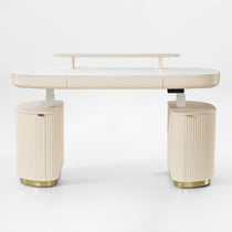 Eureka Ergonomic Opal Oval Executive Standing Desk in Light Beige With Marble Top and Storage.