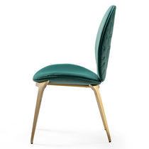 Katalea Green Velvet Dining Chair, Emerald Green Velvet Upholstery, Gold Legs, Embossed Leaf Detail.