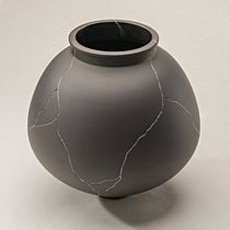 Dark Gray Ceramic Vase With Silver Crack Detailing, Ideal for Dining Table Or Shelf Decor.