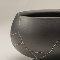 Dark Gray Ceramic Vase With Silver Crack Details, Ideal for Dining Table Or Shelf.