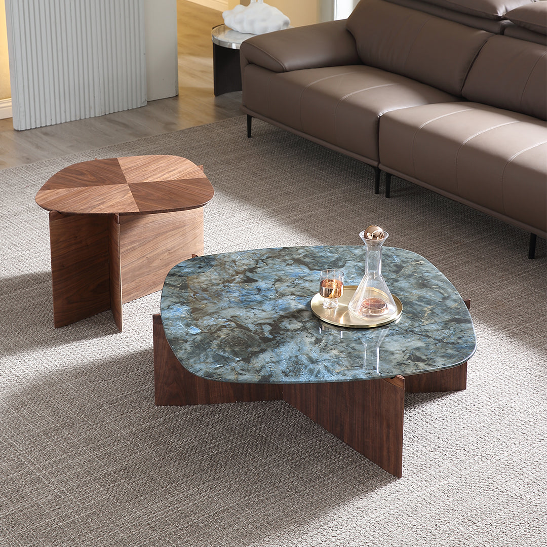 Eureka walnut blue jade marble Irregular coffee table set of two