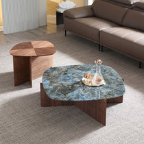CT04 Coffee Table Set With Blue Jade Marble Top and Walnut Wood Frame in a Modern Living Room Setting.