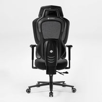 Gaming chair with black and gray design and blue accents on a white background,black