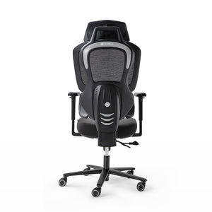Gaming chair with black and gray design and blue accents on a white background,black