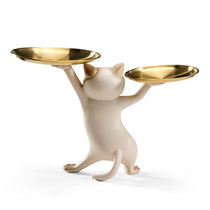 Beige Cat Side Table With Dual Gold Trays, a Stylish Home Decor, 23''H.