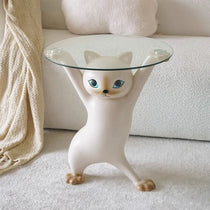 Enchanting Cat Side Table, White Cat-Shaped Design With a Clear Glass Tray for Home Decor.
