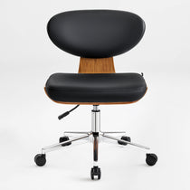 Eureka Ergonomic Matt black faux leather office chair with curved walnut veneer shell, chrome base, and casters, showcasing design.