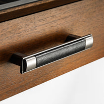 Eureka Ergonomic Ark Pro Desk Drawer Handle With Black Leather Grip and Wooden Drawer Detail.