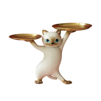 HD-17 Enchanting Cat Storage Ornament, Beige Resin Cat Figurine With Gold Trays, a Stylish and Practical Home Accessory.
