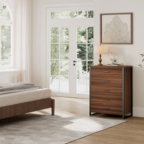 Walnut 5-Drawer Dresser in Bedroom. Modern Chest of Drawers With Black Metal Frame.