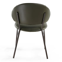 Finn Dining Chair Back Detail, Olive Green Faux Leather With Steel Legs. Modern Industrial Dining Side Chair.