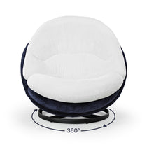 Gloria Swivel Lounge Chair With White Faux Fur Seat and Navy Chenille Back, Featuring 360-Degree Swivel Base.