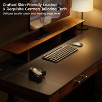 Faux Saddle Leather Standing Desk Surface Detail With Accessories, Featuring German Tailoring and Skin-Friendly Leather.