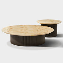 43-Inch Birch Veneer Coffee Table Set of 2. Light Wood Top and Dark Metal Base, Modern Design.