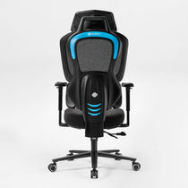 Gaming chair with black and gray design and blue accents on a white background,blue