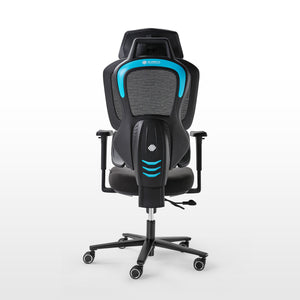 Gaming chair with black and gray design and blue accents on a white background,blue