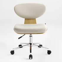 Eureka Ergonomic Off-white faux leather office chair with light wood veneer shell, chrome base, casters, and visible stitching detail.