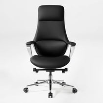 Eureka Ergonomic Nox black genuine leather executive chair with high back, plush seat, wave stitching, and polished chrome armrests and base.